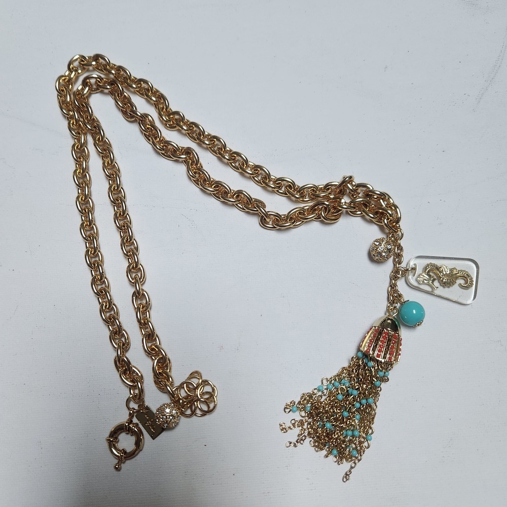 Lilly Pulitzer Gold Seahorse Tassel Statement Necklace Turquoise Coral Nautical - Picture 11 of 16